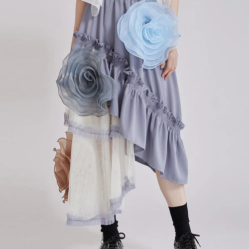 Load image into Gallery viewer, Hit Color Sheer Spliced Mesh Irregular Skirts for Women High Waist Patchwork 3D Flower Design Sense Skirt Female
