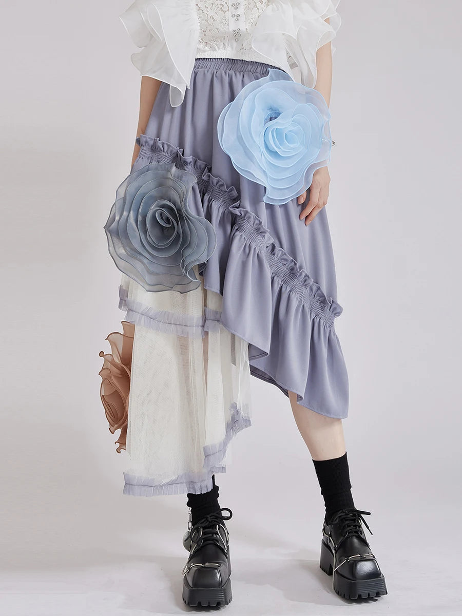 Hit Color Sheer Spliced Mesh Irregular Skirts for Women High Waist Patchwork 3D Flower Design Sense Skirt Female