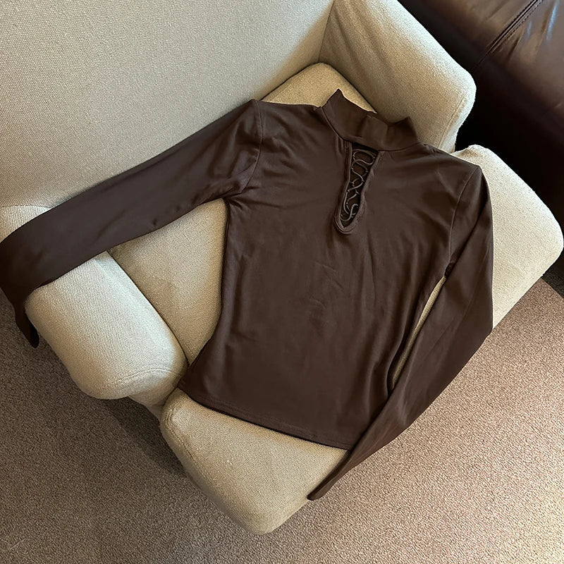 Autumn Winter Elegant Half High Collar Hollow Out Short T Shirt Women New Long Sleeved Slim Tops 2024 Korean Simplicity Clothing