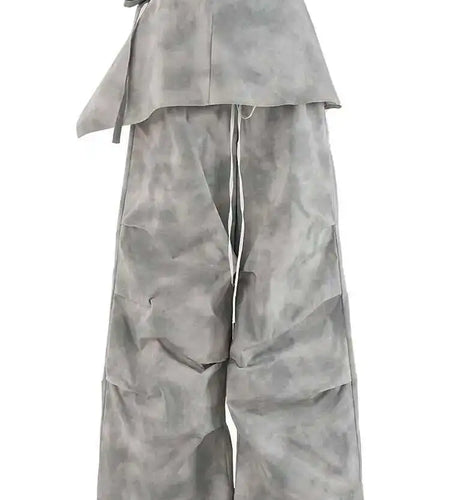 High Waist Gray Printed Pleated Drawstring Long Wide Leg Pants New Trousers Women Fashion Tide Spring Autumn 2025 CPDB314