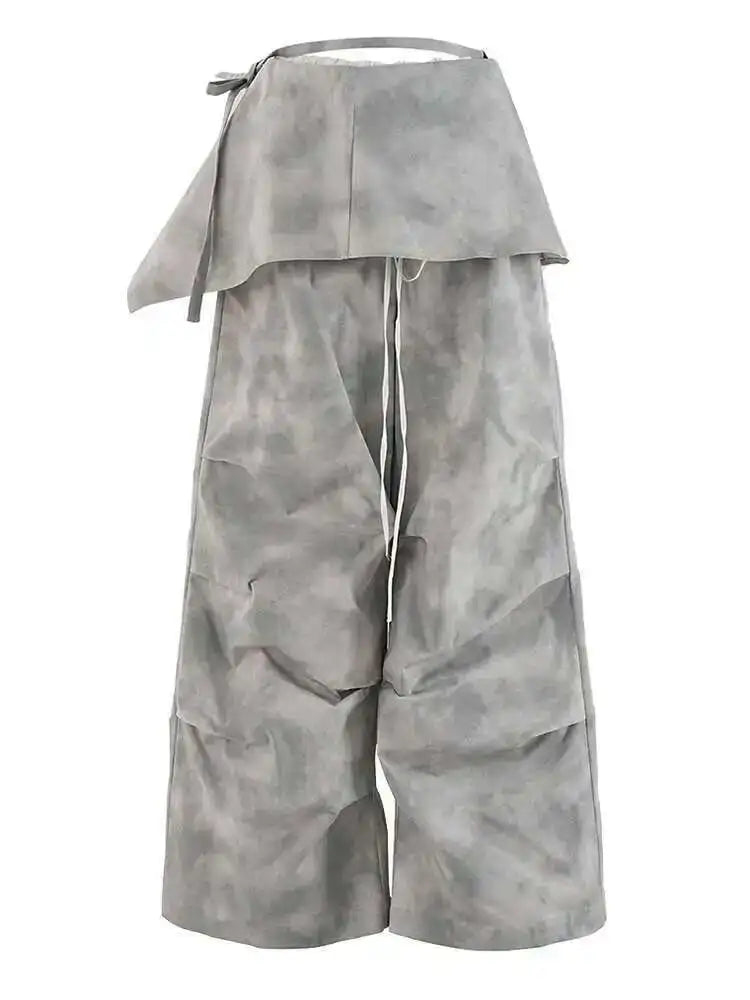 High Waist Gray Printed Pleated Drawstring Long Wide Leg Pants New Trousers Women Fashion Tide Spring Autumn 2025 CPDB314