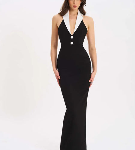 Sexy Suit Lapel Deep V Backless Long Dress For Women Elegant Bodycon Button Party Club Evening Dress Female 2025 Spring