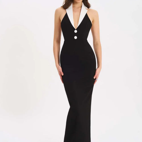Load image into Gallery viewer, Sexy Suit Lapel Deep V Backless Long Dress For Women Elegant Bodycon Button Party Club Evening Dress Female 2025 Spring

