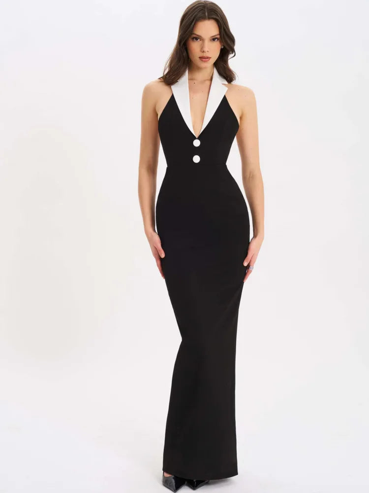 Sexy Suit Lapel Deep V Backless Long Dress For Women Elegant Bodycon Button Party Club Evening Dress Female 2025 Spring