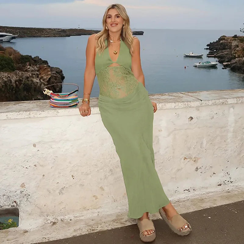 Sheer Lace Hollow Out Sexy Maxi Dress For Women Gown Halter Deep V Neck Sleeveless Backless Bodycon Long Dress