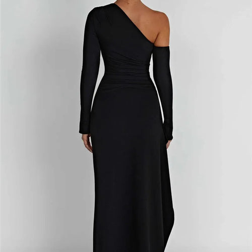 Load image into Gallery viewer, Oblique Shoulder Thigh High Split Maxi Dress Women Long Sleeve Backless Bodycon Sexy Club Party Long Dress Vestidos
