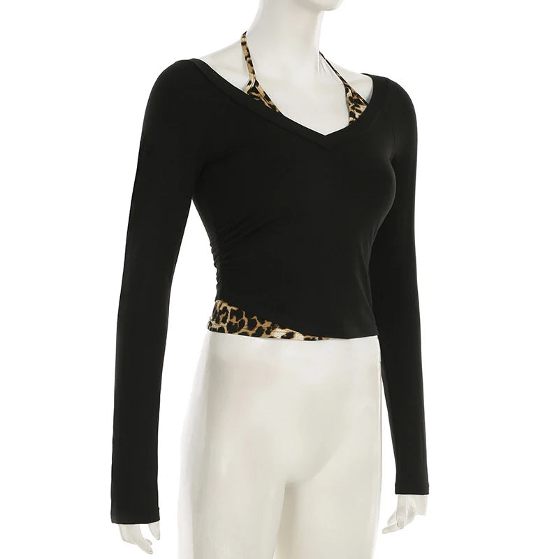 y2k Tops for Women Leopard Print Off Shoulder Long Sleeve Halter Neck T Shirts 2000s Aesthetic Clothing Streetwear