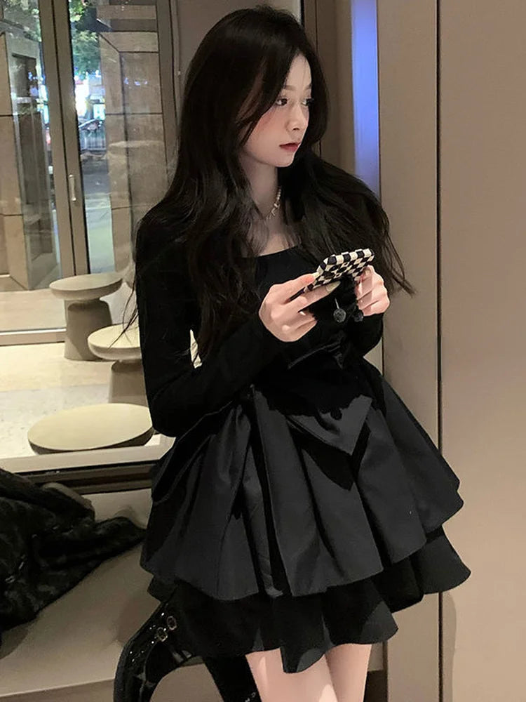 Black Cake Mini Dress Women Vintage Design Square Collar Long Sleeve Short Dresses Korean Fashion Kpop Autumn