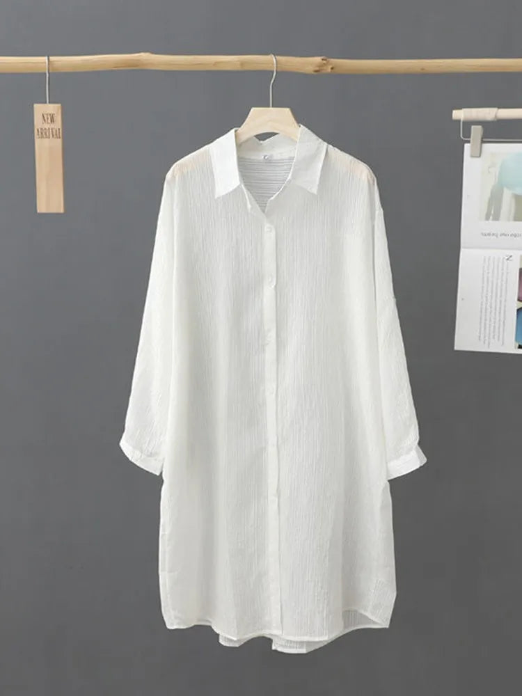 Casual Women's Shirt Loose Long Sleeve Top Summer Thin Jacket Coat Medium Long Blouses Female Clothing Fashion Solid Color