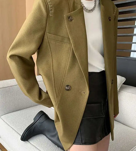 Women Khaki Topstitched Big Size Elegant Blazer New Lapel Long Sleeve Jacket Fashion Tide Spring Autumn 2025 1DH7053