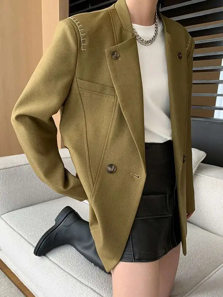 Women Khaki Topstitched Big Size Elegant Blazer New Lapel Long Sleeve Jacket Fashion Tide Spring Autumn 2025 1DH7053