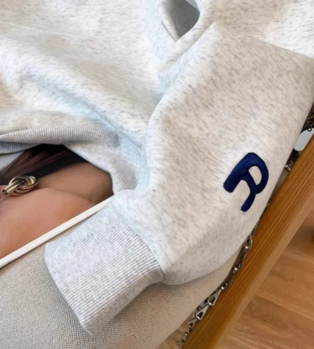 Y2k Women Gray Print Loose Hoodies Long Sleeve Sweatshirt Spring Autumn Blue Letter Embroidery Elegant Pocket Pullover Tops 2024