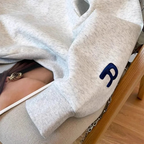 Load image into Gallery viewer, Y2k Women Gray Print Loose Hoodies Long Sleeve Sweatshirt Spring Autumn Blue Letter Embroidery Elegant Pocket Pullover Tops 2024
