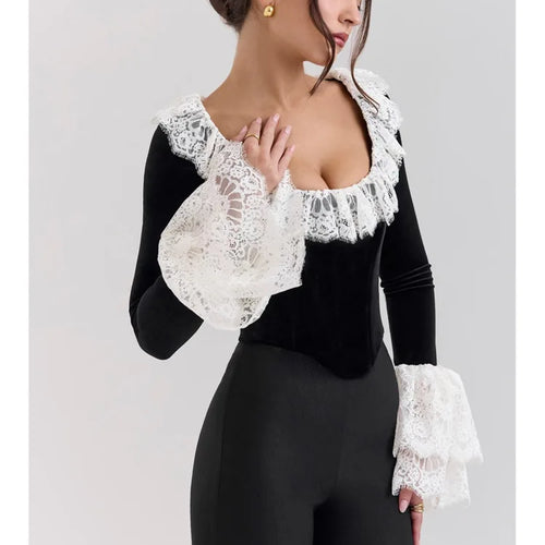 Load image into Gallery viewer, Fashion Lace Lace Korean Velvet Patchwork Elastic Tight Women's Top Sexy Bandage T-shirt Autumn/Winter Long Sleeve 2025
