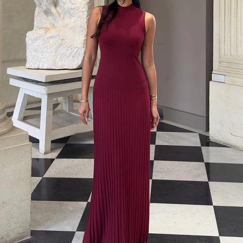 Load image into Gallery viewer, Half High Collar Sleeveless Knit Maxi Dress For Women Fashion Solid Bodycon Sexy Pleated Long Knitted Sweater Dress
