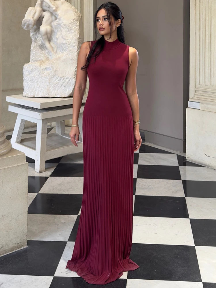 Half High Collar Sleeveless Knit Maxi Dress For Women Fashion Solid Bodycon Sexy Pleated Long Knitted Sweater Dress