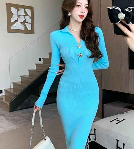 Women Autumn Black Knit Dress 2023 Beige Streetwear Slim Midi Long Dress Ladies Casual Blue Button Office Lady Bodycon Dresses
