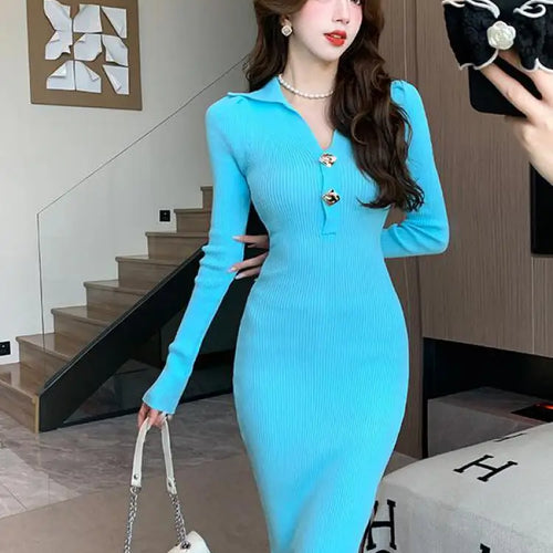 Load image into Gallery viewer, Women Autumn Black Knit Dress 2023 Beige Streetwear Slim Midi Long Dress Ladies Casual Blue Button Office Lady Bodycon Dresses
