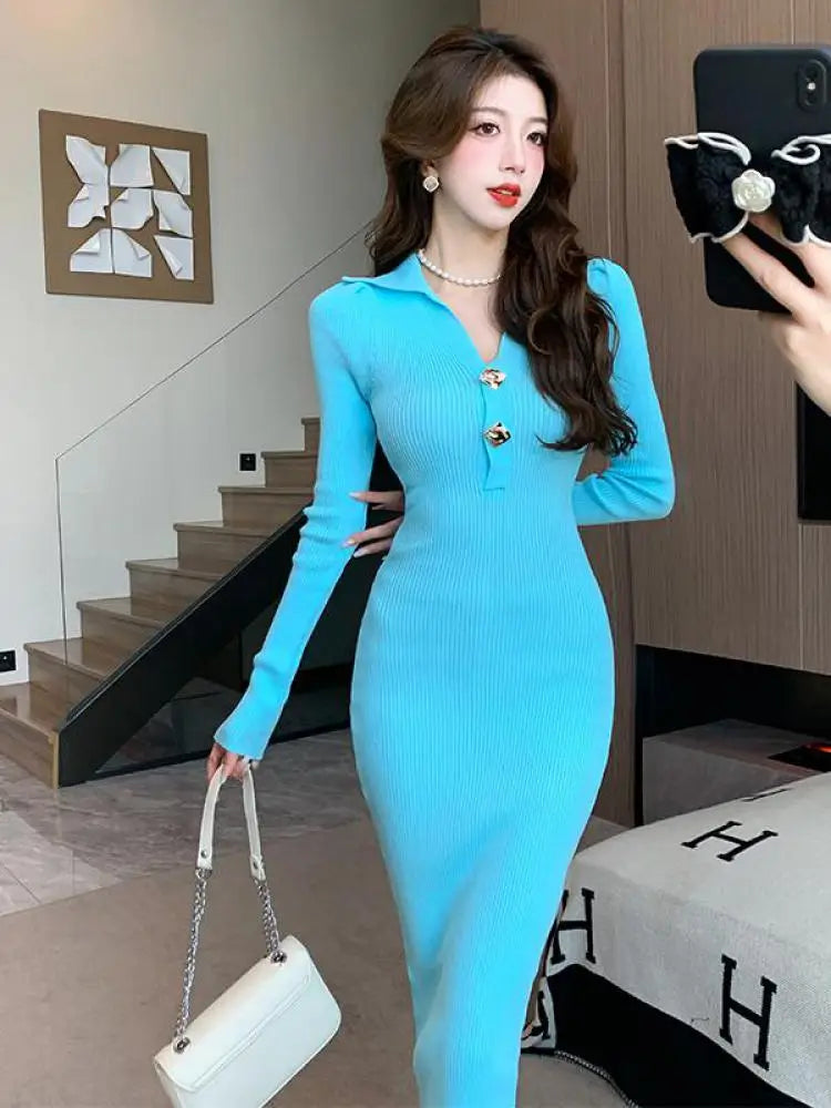 Women Autumn Black Knit Dress 2023 Beige Streetwear Slim Midi Long Dress Ladies Casual Blue Button Office Lady Bodycon Dresses