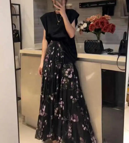 French Vintage Fashion Summer Flower Festival Pleated Long Skirts Women High Waist Vacation Boho Skirt Clothes Harajuku Popular