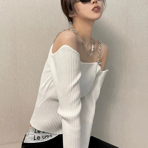 Load image into Gallery viewer, Solid Slimming Knitted T Shirt For Women Square Collar Long Sleeve Patchwork Chain Minimalist T Shirts Female New
