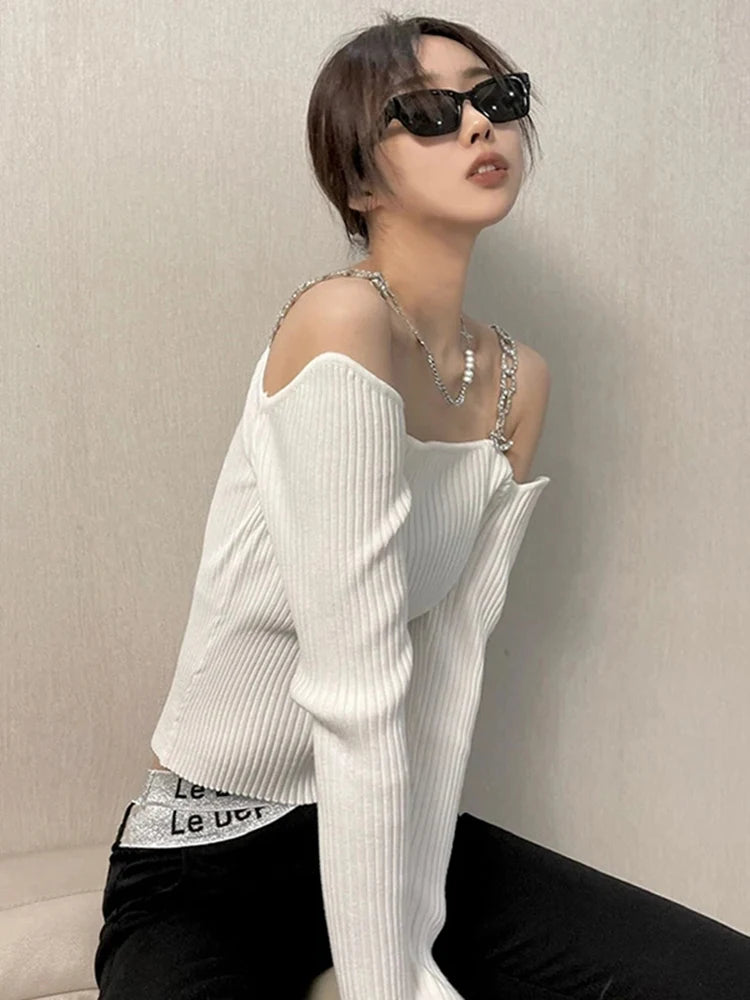 Solid Slimming Knitted T Shirt For Women Square Collar Long Sleeve Patchwork Chain Minimalist T Shirts Female New