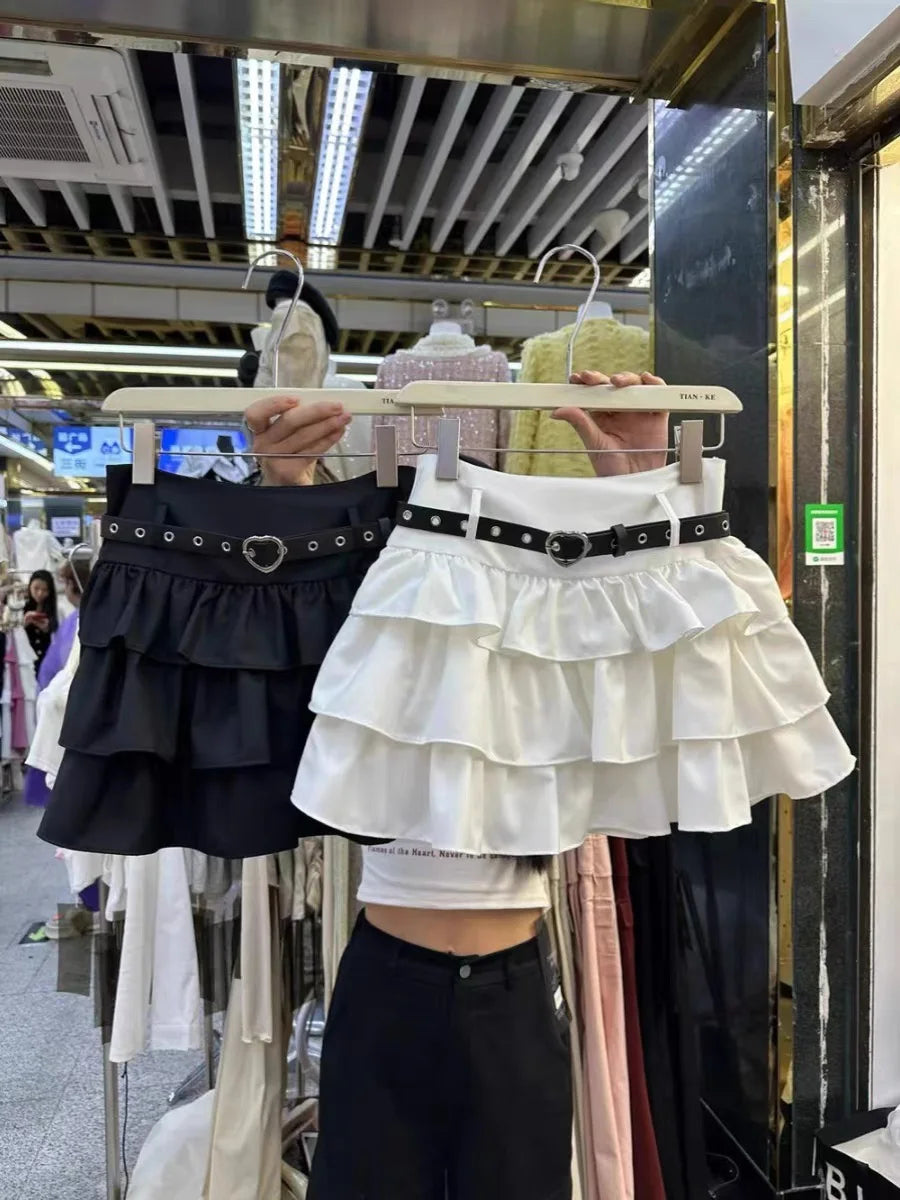 Spring Summer Women Black Brown High Waist Ruffles Cake Short Skirt White Holiday Party Pleated Mini Skirt Ladies Popular French