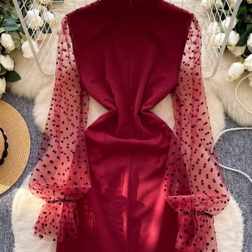 Load image into Gallery viewer, Korean Women Black White Patchwork Mesh Elegant Long Sleeved Office Short Dress Spring Red Polka Dot Round Neck Slim Party Dress
