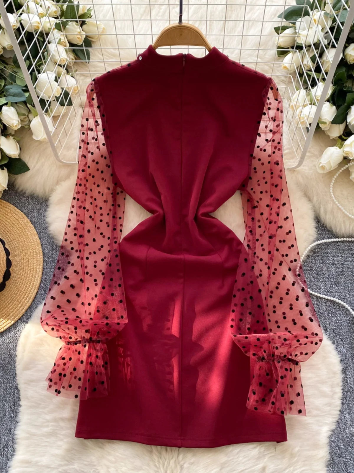 Korean Women Black White Patchwork Mesh Elegant Long Sleeved Office Short Dress Spring Red Polka Dot Round Neck Slim Party Dress