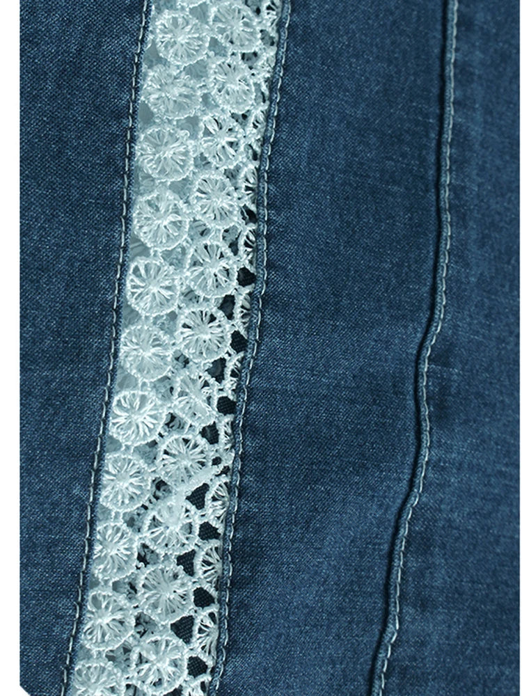 High Waist Blue Lace Hollow Out Denim Long Wide Leg Jeans New Women Trousers Fashion Tide Spring Autumn 2025 1DH9655