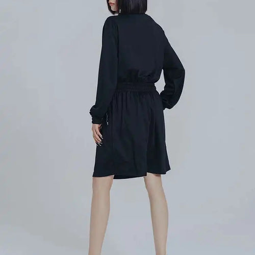 Load image into Gallery viewer, Women Black Brief Drawstring Casual Knee-Length Dress New Lapel Long Sleeve Loose Fit Fashion Spring Autumn 2025 1DF0706
