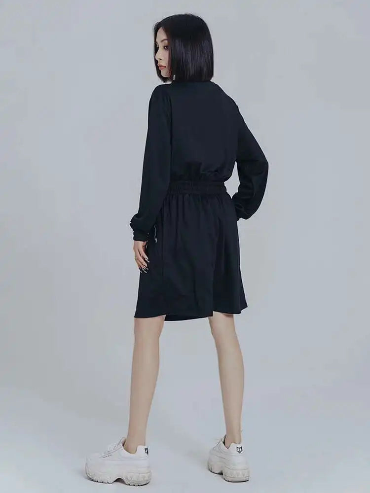 Women Black Brief Drawstring Casual Knee-Length Dress New Lapel Long Sleeve Loose Fit Fashion Spring Autumn 2025 1DF0706