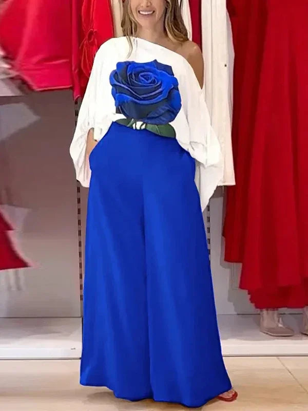 Summer Women 2 Piece Set Outfit Pants Rose Flower Print Blouse Tops Loose Wide Leg Trousers Clothes for Women