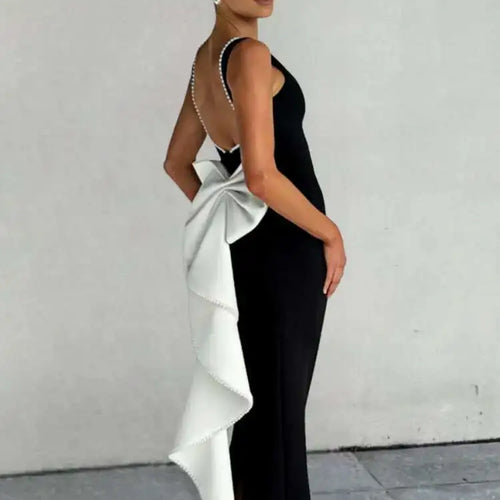 Load image into Gallery viewer, Elegant Pearl Bow Backless Sexy Maxi Dress Women Gown Fashion Sleeveless High Waist A-line Club Party Long Dress
