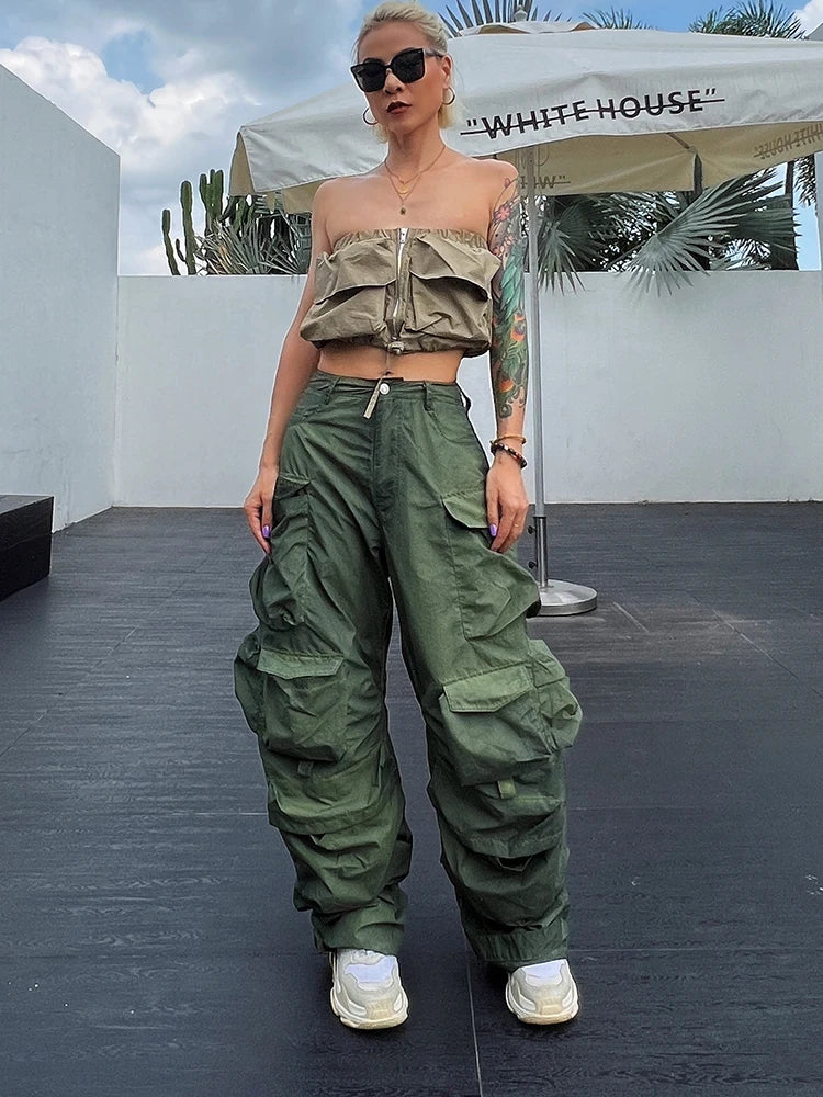 Solid Loose Pants For Women High Waist Patchwork Pockets Casual Streetwear Cargo Pant Female Fashion Clothing