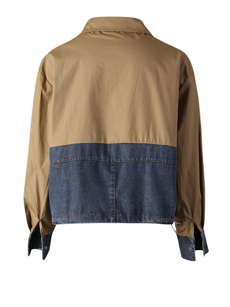 Women Wine Red Denim Bow Color-block Big Size Blouse New Lapel Long Sleeve Shirt Fashion Tide Spring Autumn 2025 CPG3256