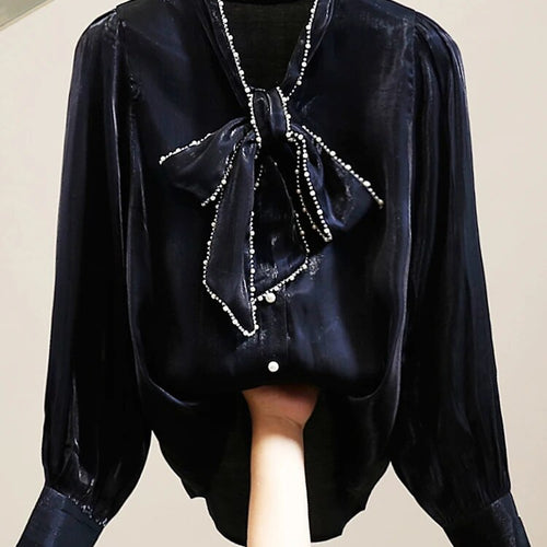 Load image into Gallery viewer, Solid Patchwork Lace Up Casual Blouses For Women Stand Collar Long Sleeve Spliced Embroidered Flares Shirt Female
