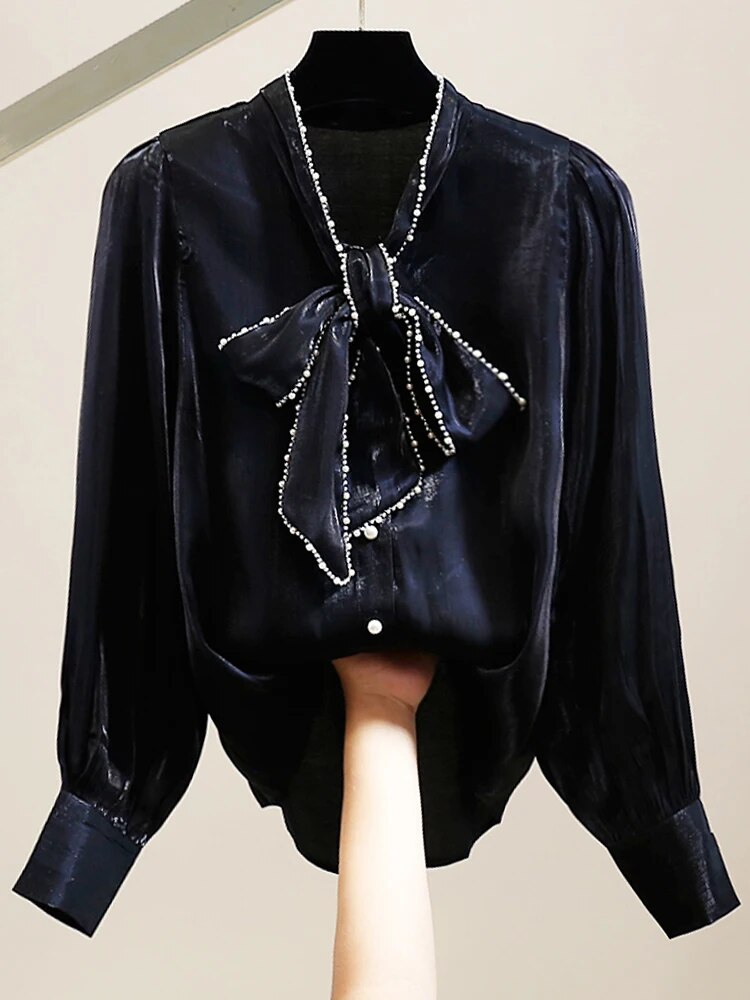 Solid Patchwork Lace Up Casual Blouses For Women Stand Collar Long Sleeve Spliced Embroidered Flares Shirt Female