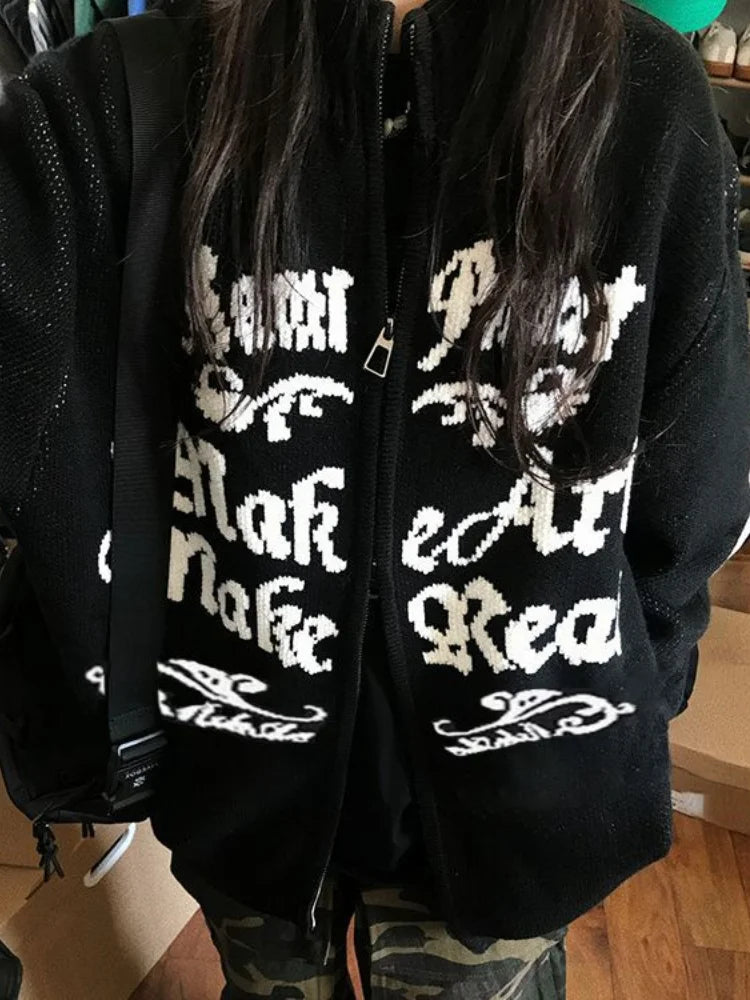 2025 Y2k Aesthetic Jacquard Cardigans Autumn Winter Oversized Streetwear Tops New Grunge Casual Double Zippers Knitted Sweaters