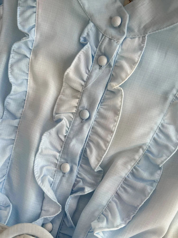 Autumn Retro Fashion Blue Flower Single Breasted Elegant Long Dress Women Stand Neck Long Sleeve Print Boho Evening Party Dress