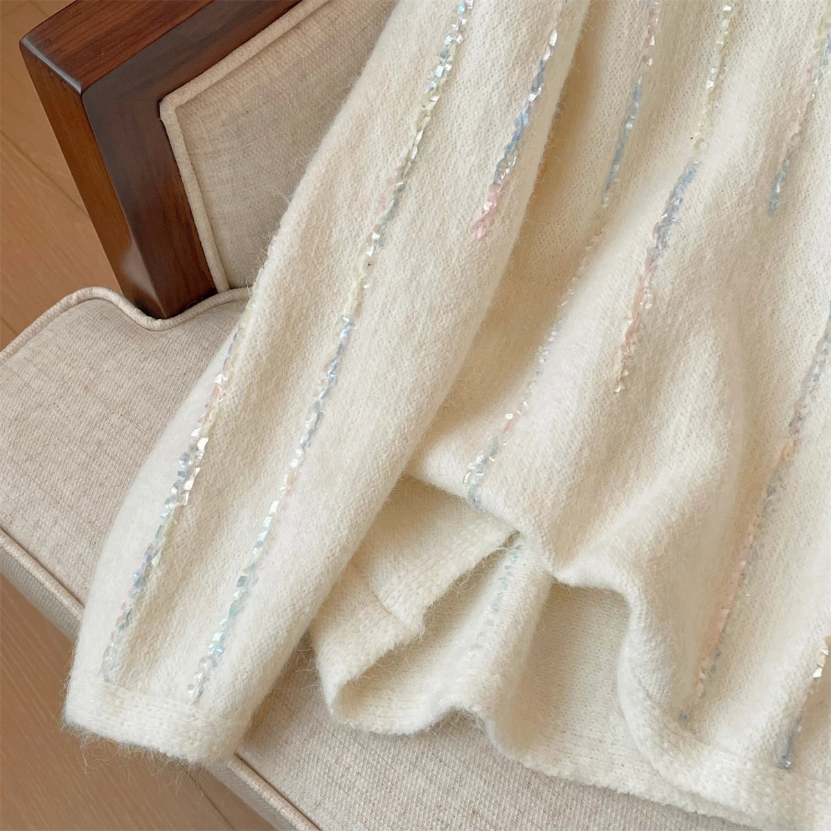 Korean Autumn Winter Beige Long Sleeves Loose Knit Crochet Sweater Women's Blue Round Neck Versatile Short Pullover Tops Popular