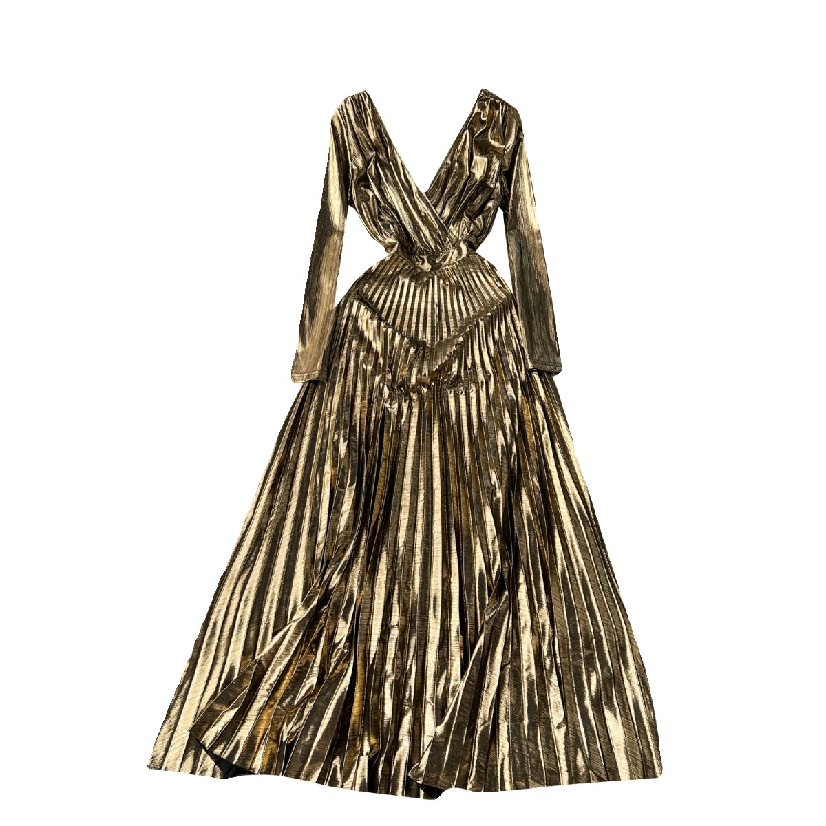 French Women Sexy Formal Green Elegant Backless Pleated Long Dress Autumn V Neck Long Sleeve Ladies Gold Evening Party Prom Gown