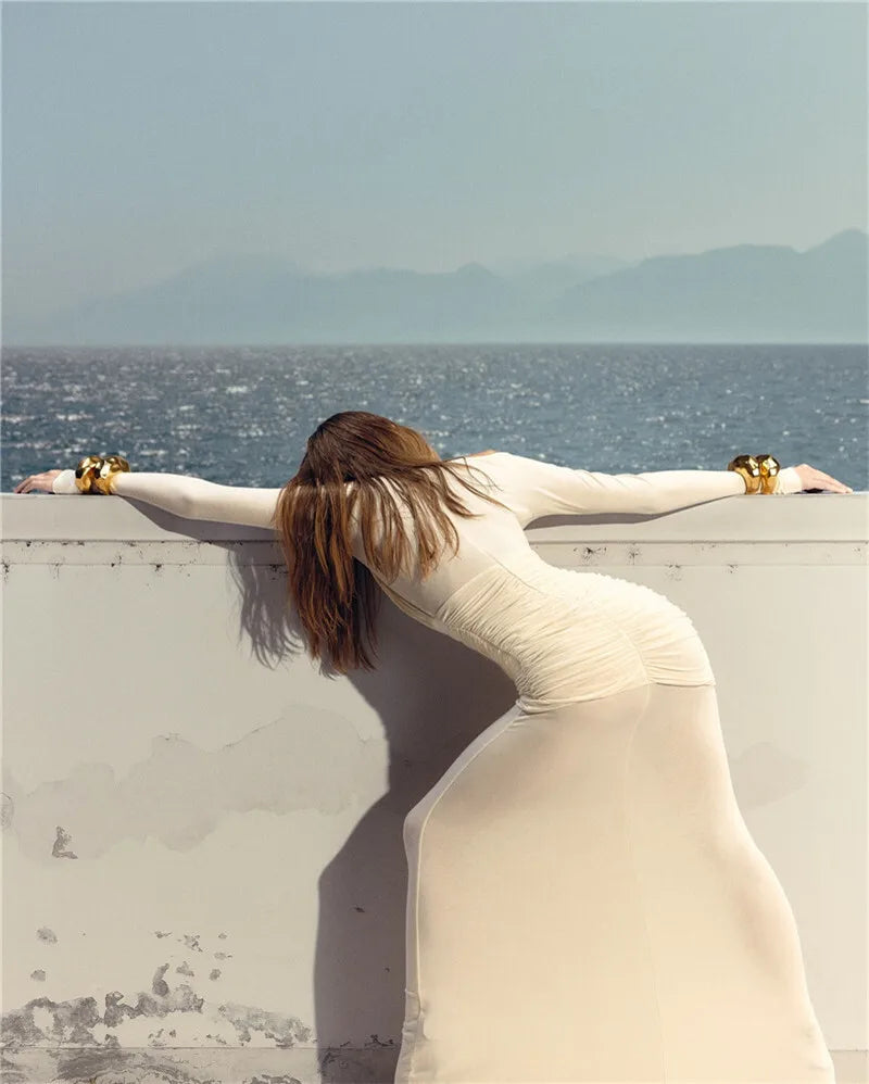 Mesh Ruched Sexy Maxi Dress For Women Fashion Zipper Patchwork See Through Long Sleeve Elegant Club Party Long Dress