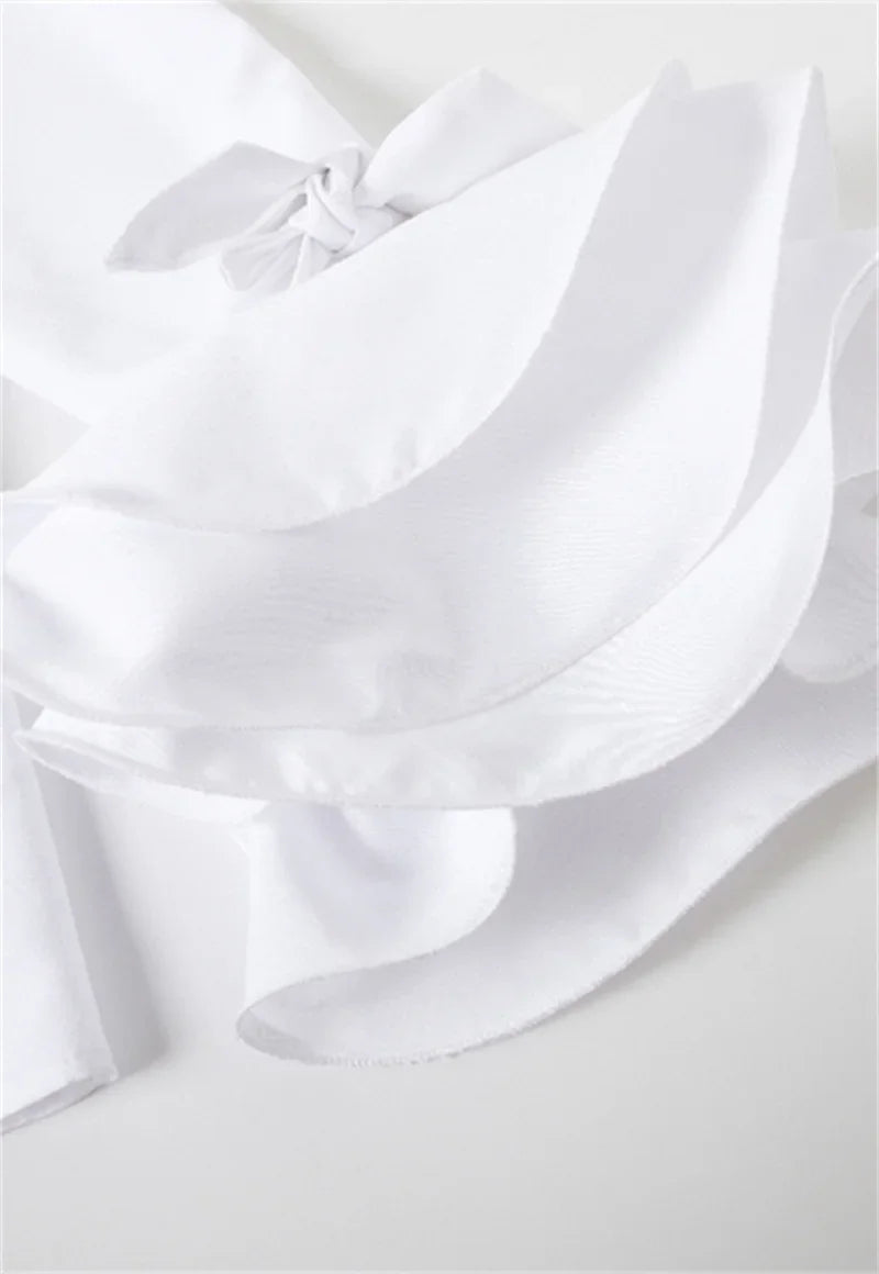 Fashion Elegant Blouses Bow-Embellished Falbala Solid Color Flared Sleeves Lapel Shirts Tops For Women