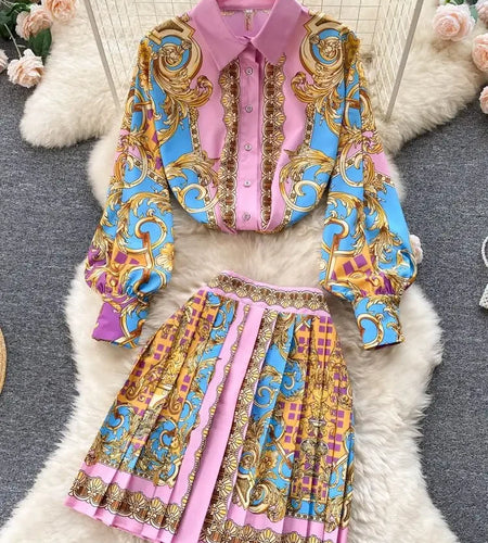 Summer Elegant Skirts Suit Women's Puff Sleeve Beading Lapel White Shirt Top+Flower Print Mesh Ball Gown Belt Skirts 2 Piece Set