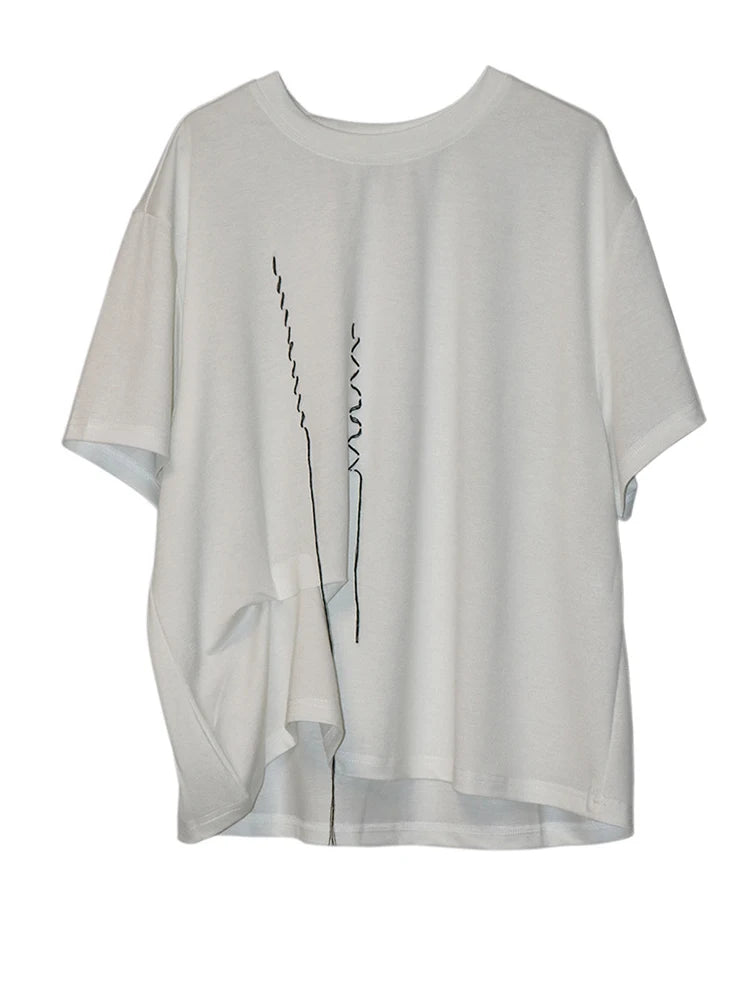 Women Black Topstitched Irregular Big Size T-shirt New Round Neck Short Sleeve Fashion Tide Spring Summer 2025 1DJ0944