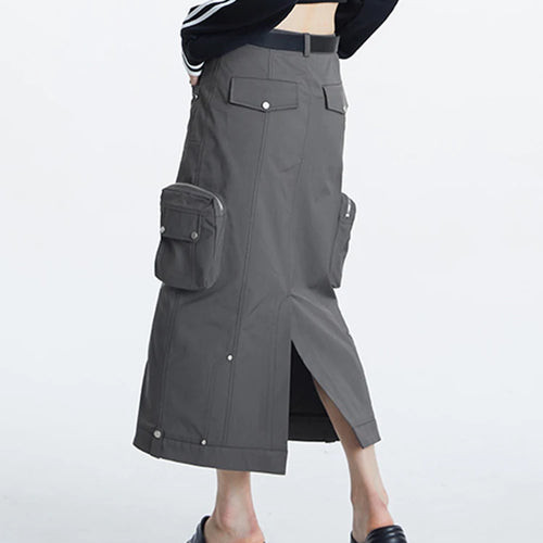 Load image into Gallery viewer, Streetwear Midi Skirt For Women High Waist Patchwork Pockets Solid Straight Minimalist Skirts Female Clothing
