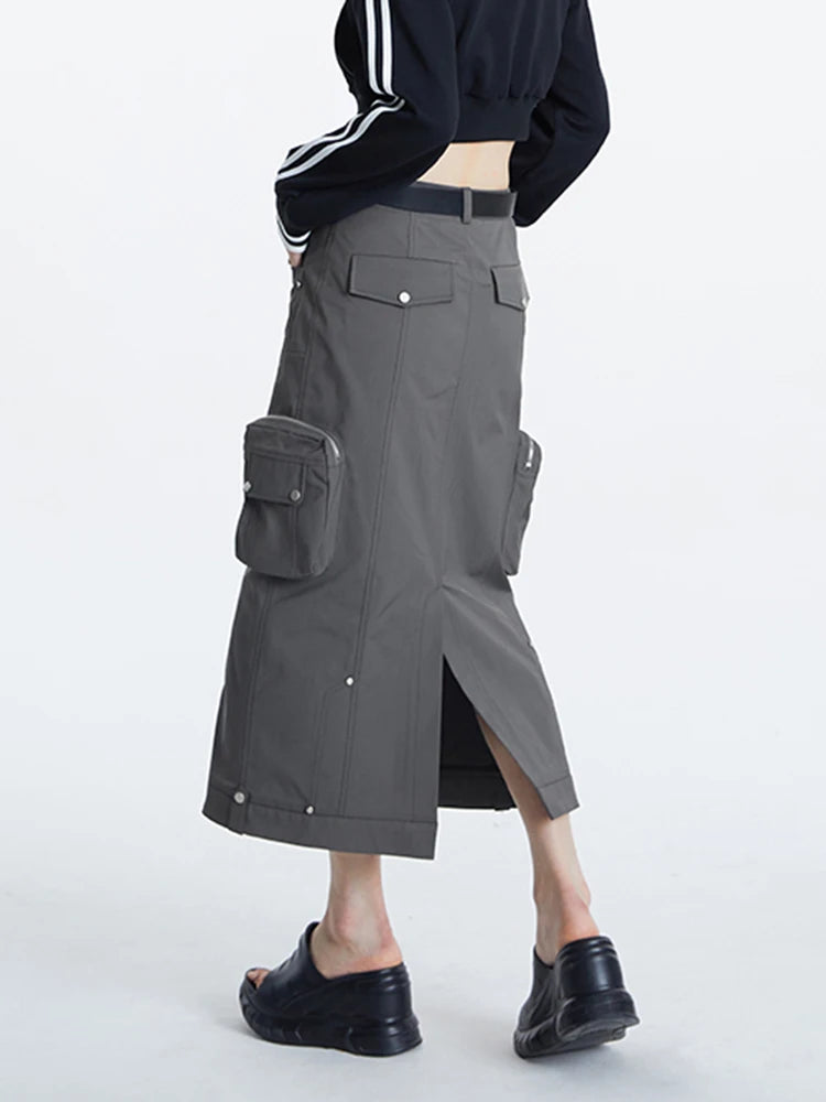 Streetwear Midi Skirt For Women High Waist Patchwork Pockets Solid Straight Minimalist Skirts Female Clothing