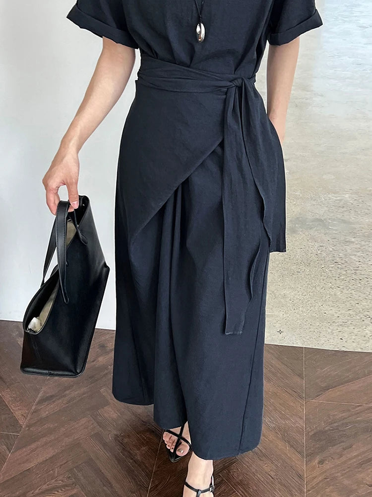 Women Navy Blue Cross Bandage Big Size Elegant Midi Dress New Round Neck Short Sleeve Fashion Spring Summer 2025 1DJ1359