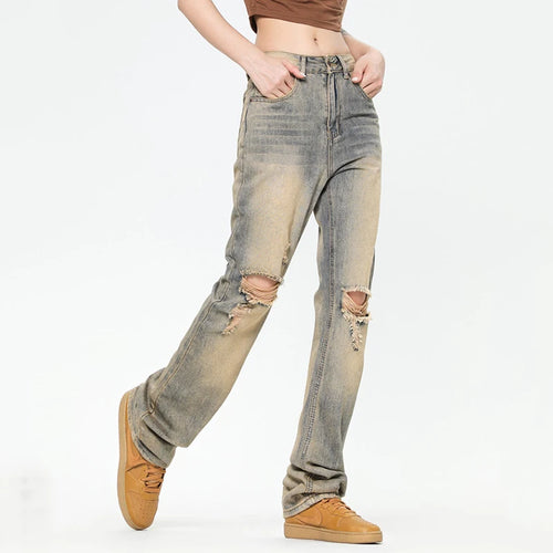 Load image into Gallery viewer, American Style Men&#39;s Jeans Printed Straight Wide Leg Hole Desing High Street Stylish Gradient Color Male Bottoms 9W1965
